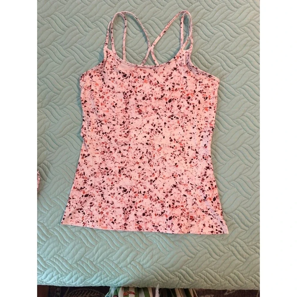 Gaiam Womens Pink Terrazzo Print Activewear Set Strappy‎ Tank & Leggings